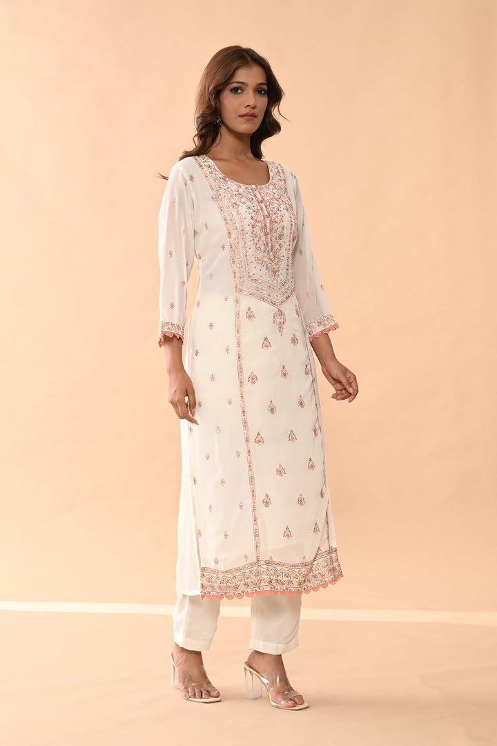 Cream Embroidered Kurta 3 Pcs Set