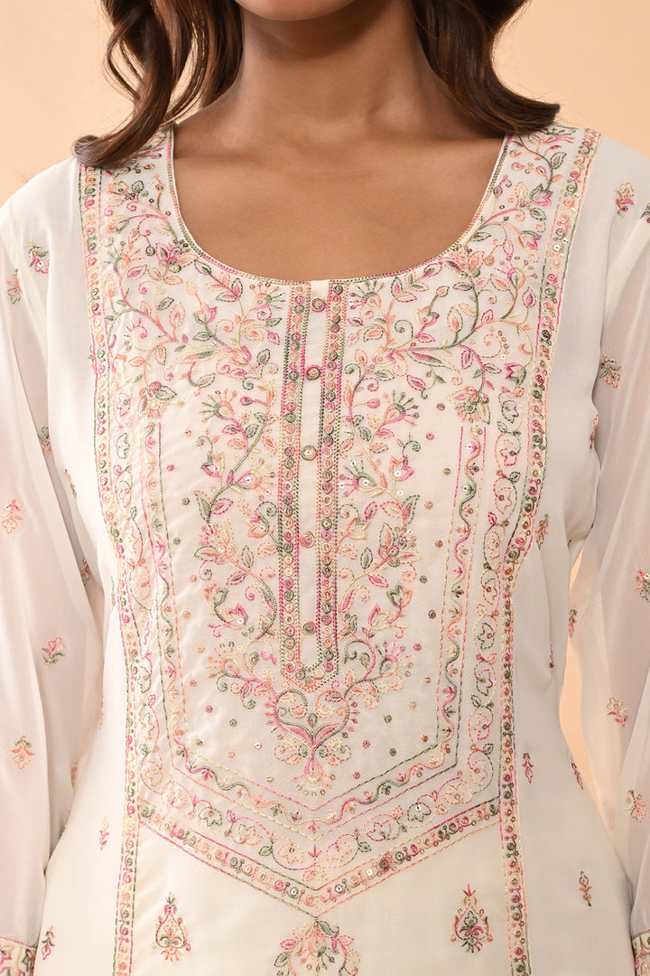 Cream Embroidered Kurta 3 Pcs Set