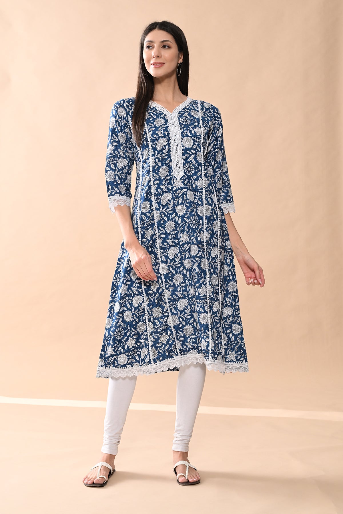 Blue Printed A-line Kurta