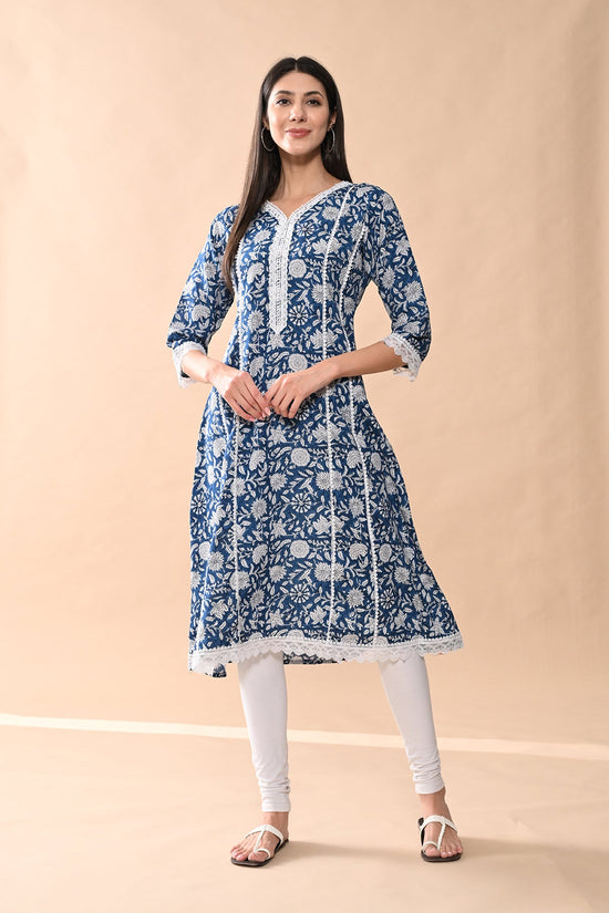 Blue Printed A-line Kurta