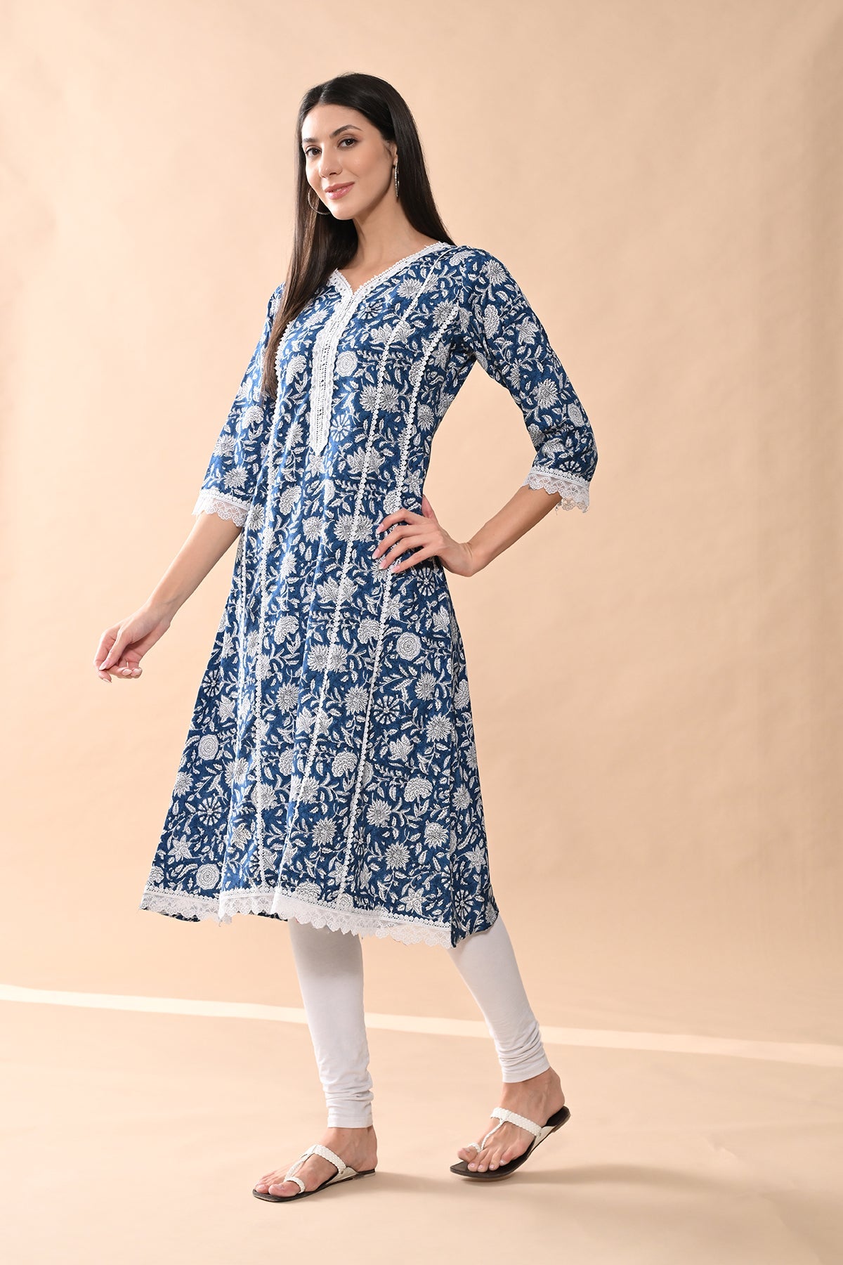 Blue Printed A-line Kurta