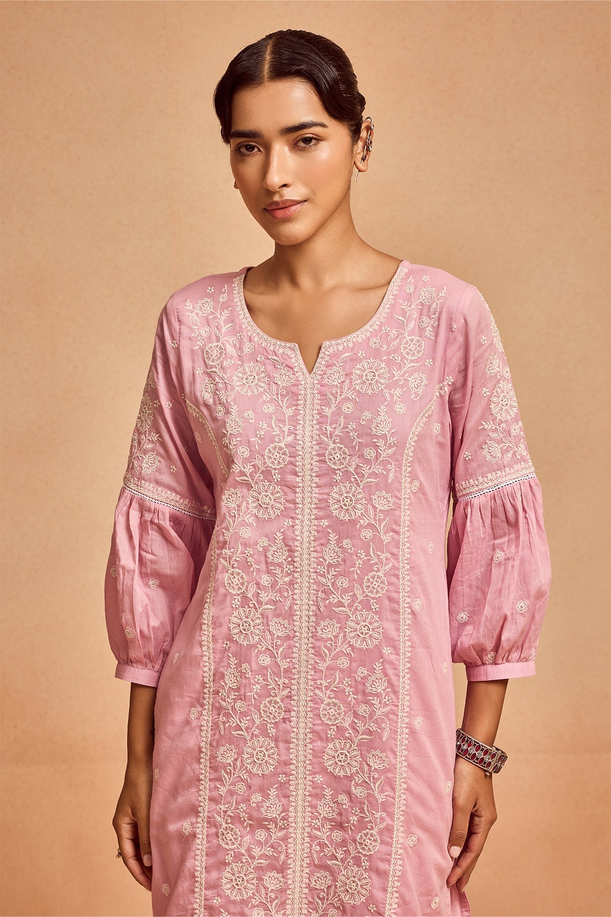 Pink Embroidered Kurta 3 Pcs Set