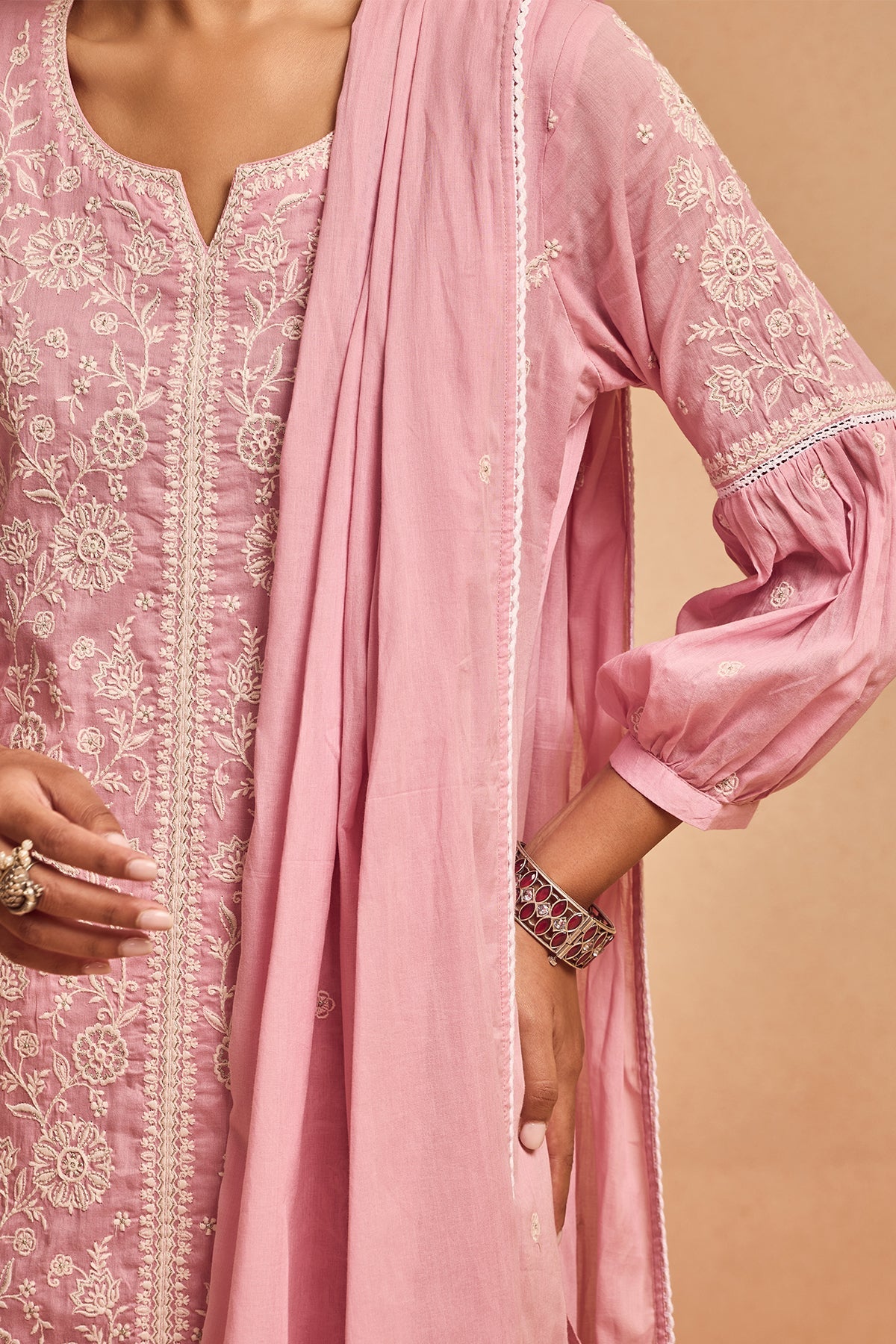 Pink Embroidered Kurta 3 Pcs Set
