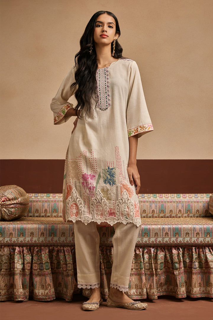 Cream Printed Kurta Set