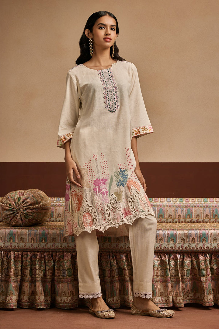 Cream Printed Kurta Set