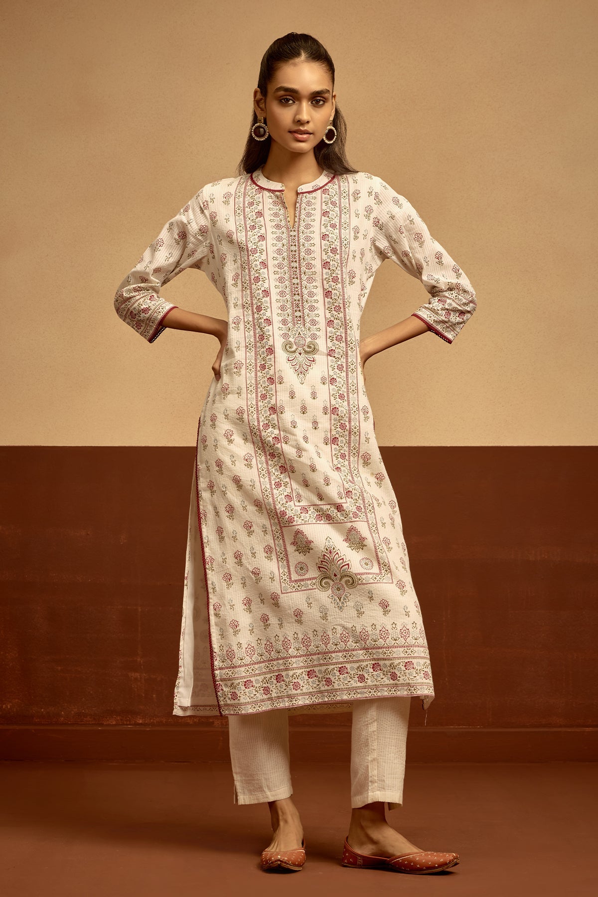 Cream Printed Kurta 3 Pcs Set