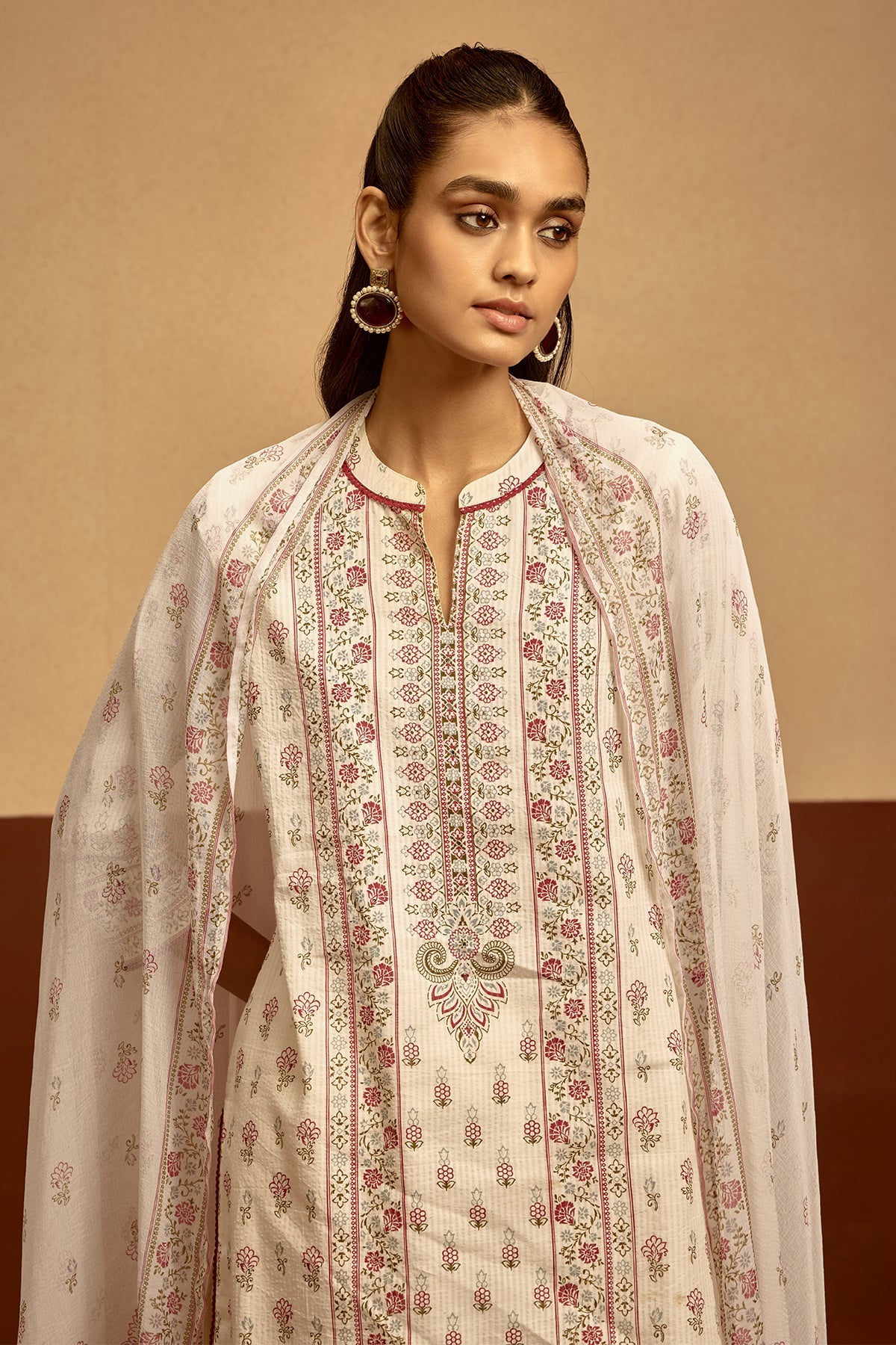 Cream Printed Kurta 3 Pcs Set