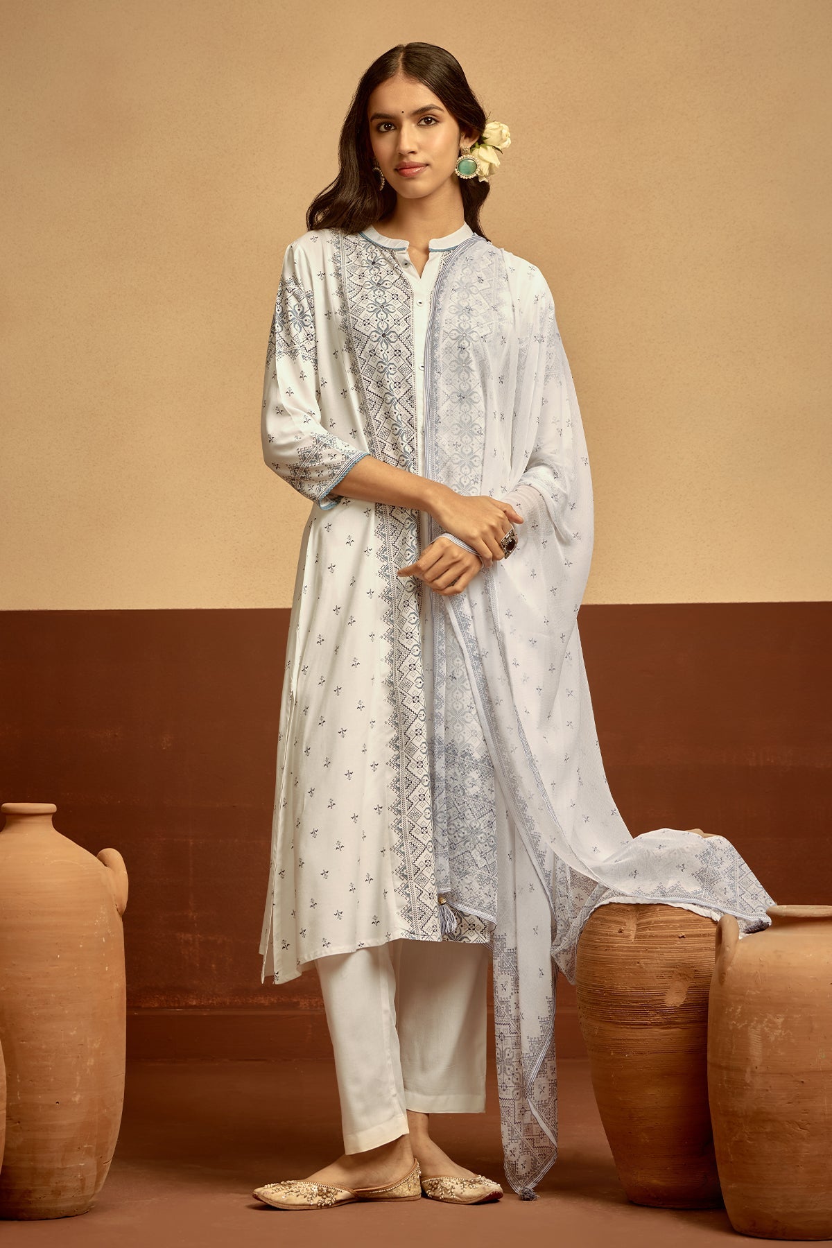 White Printed Kurta 3 Pcs Set
