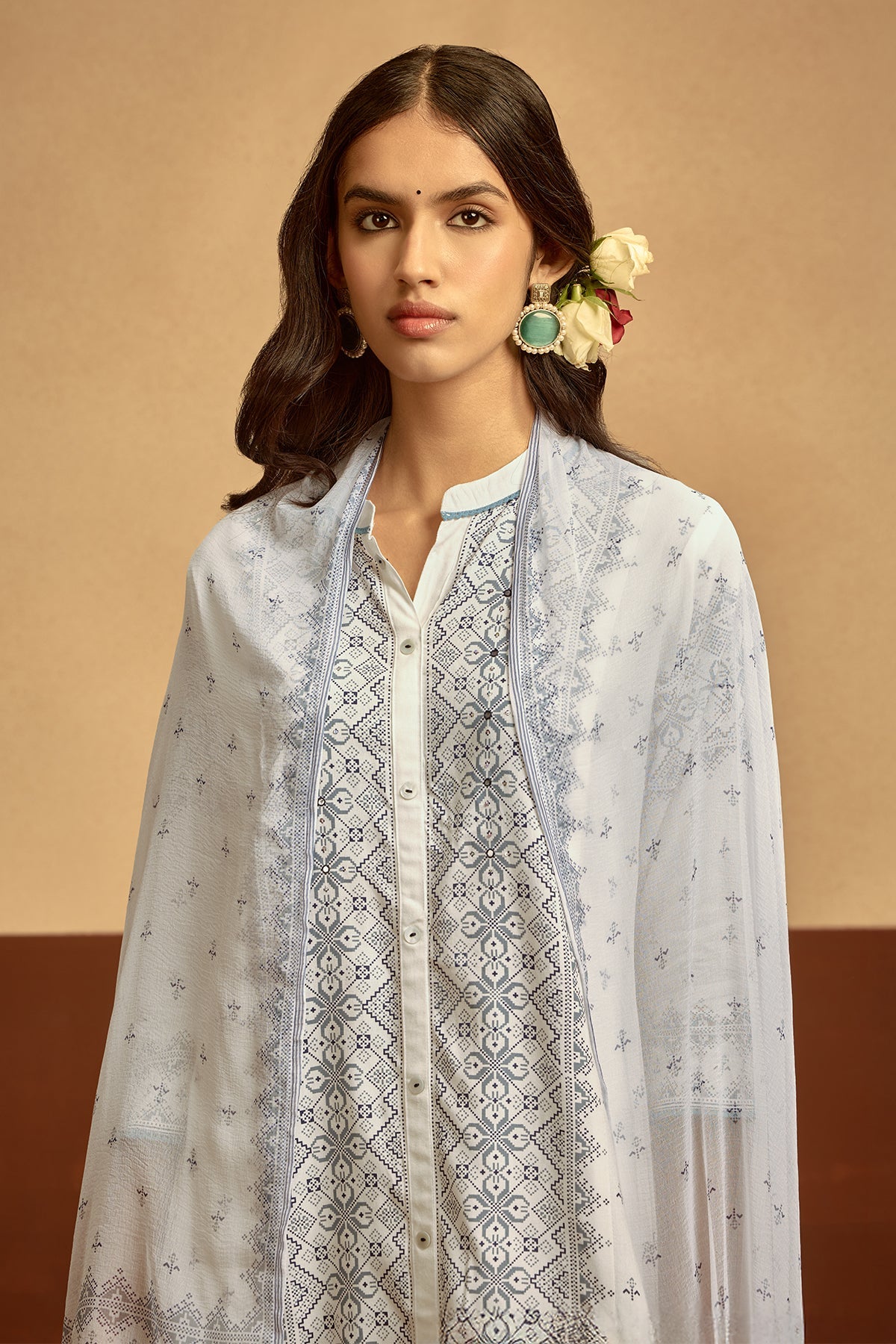 White Printed Kurta 3 Pcs Set