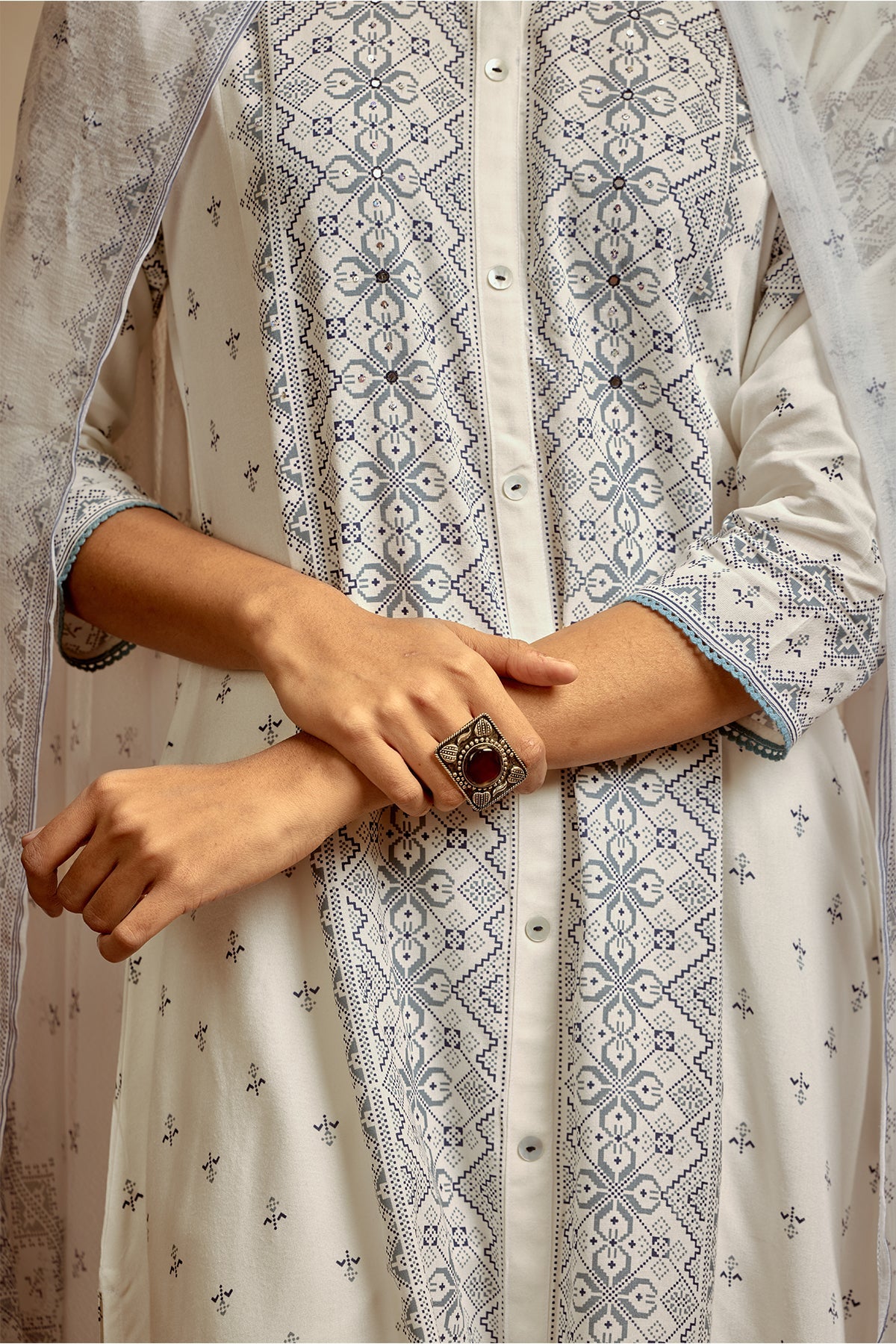White Printed Kurta 3 Pcs Set