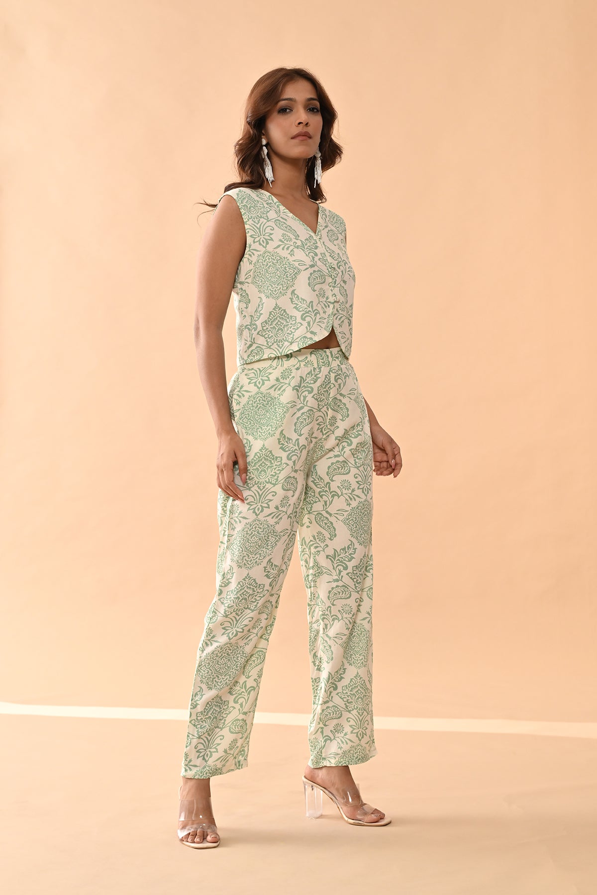 Block Paisley Printed Cream green Co-Ord Set