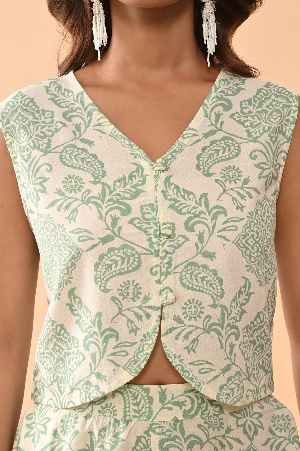 Block Paisley Printed Cream green Co-Ord Set
