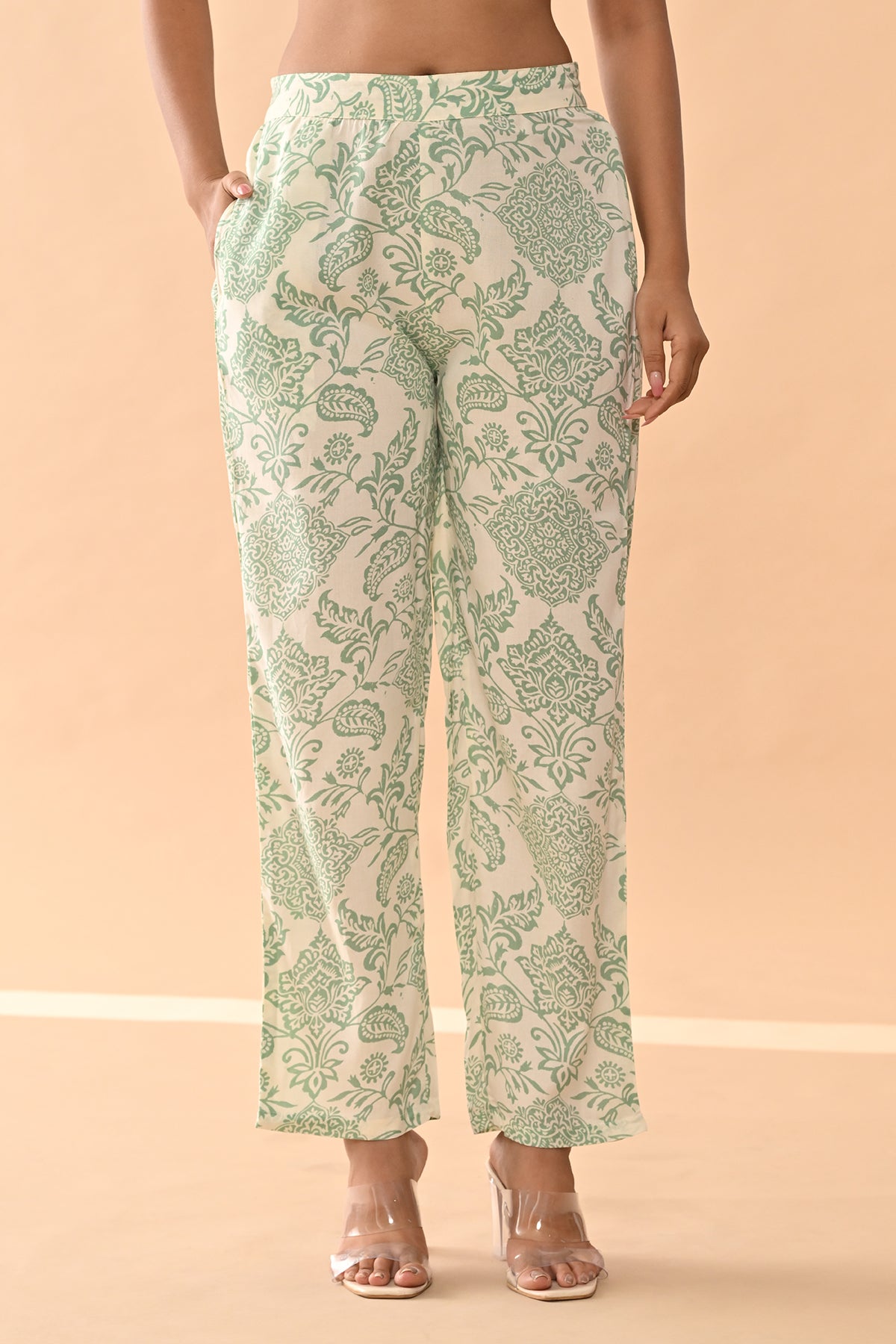 Block Paisley Printed Cream green Co-Ord Set