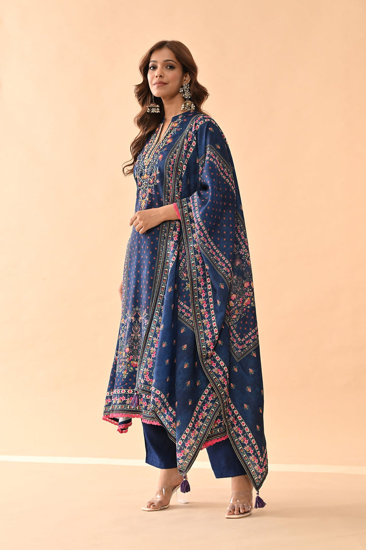 Blue Printed Kurta 3 Pcs Set