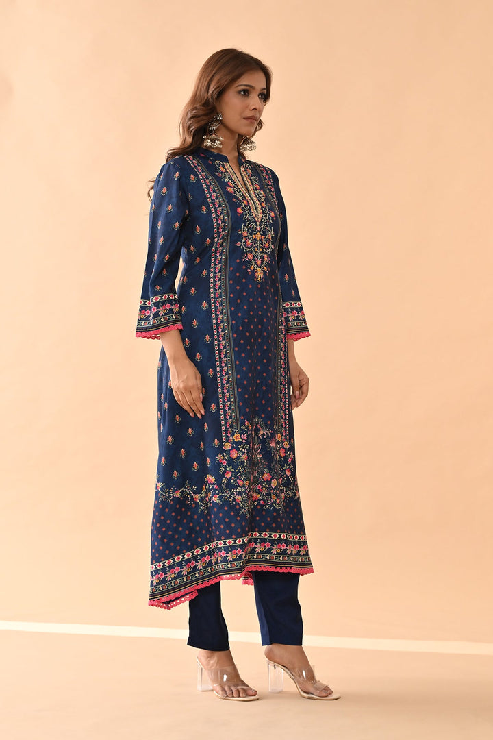 Blue Printed Kurta 3 Pcs Set