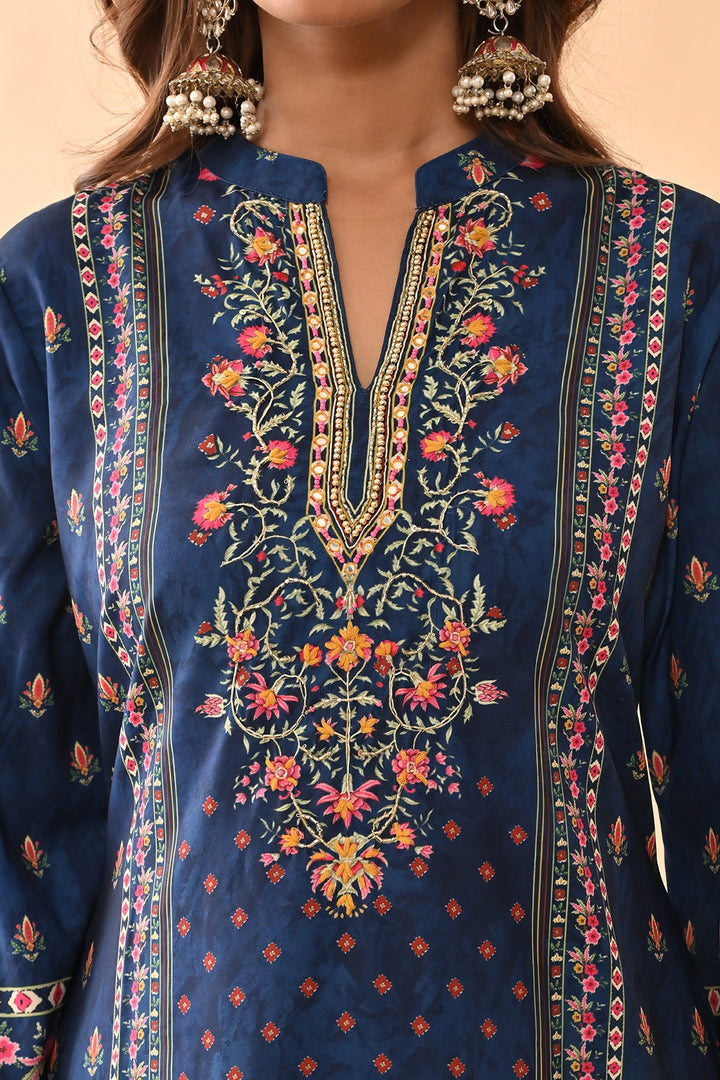 Blue Printed Kurta 3 Pcs Set