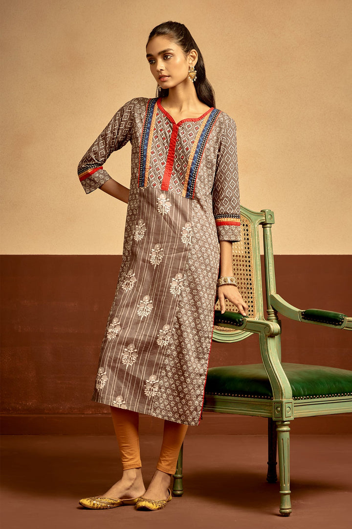 Grey Printed Straight Kurta