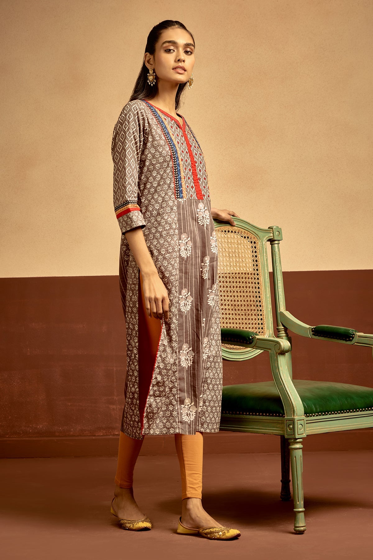 Grey Printed Straight Kurta