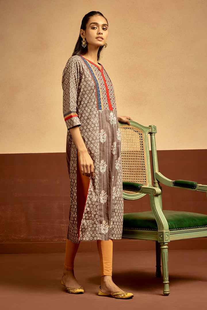 Grey Printed Straight Kurta