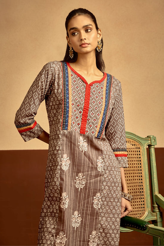 Grey Printed Straight Kurta