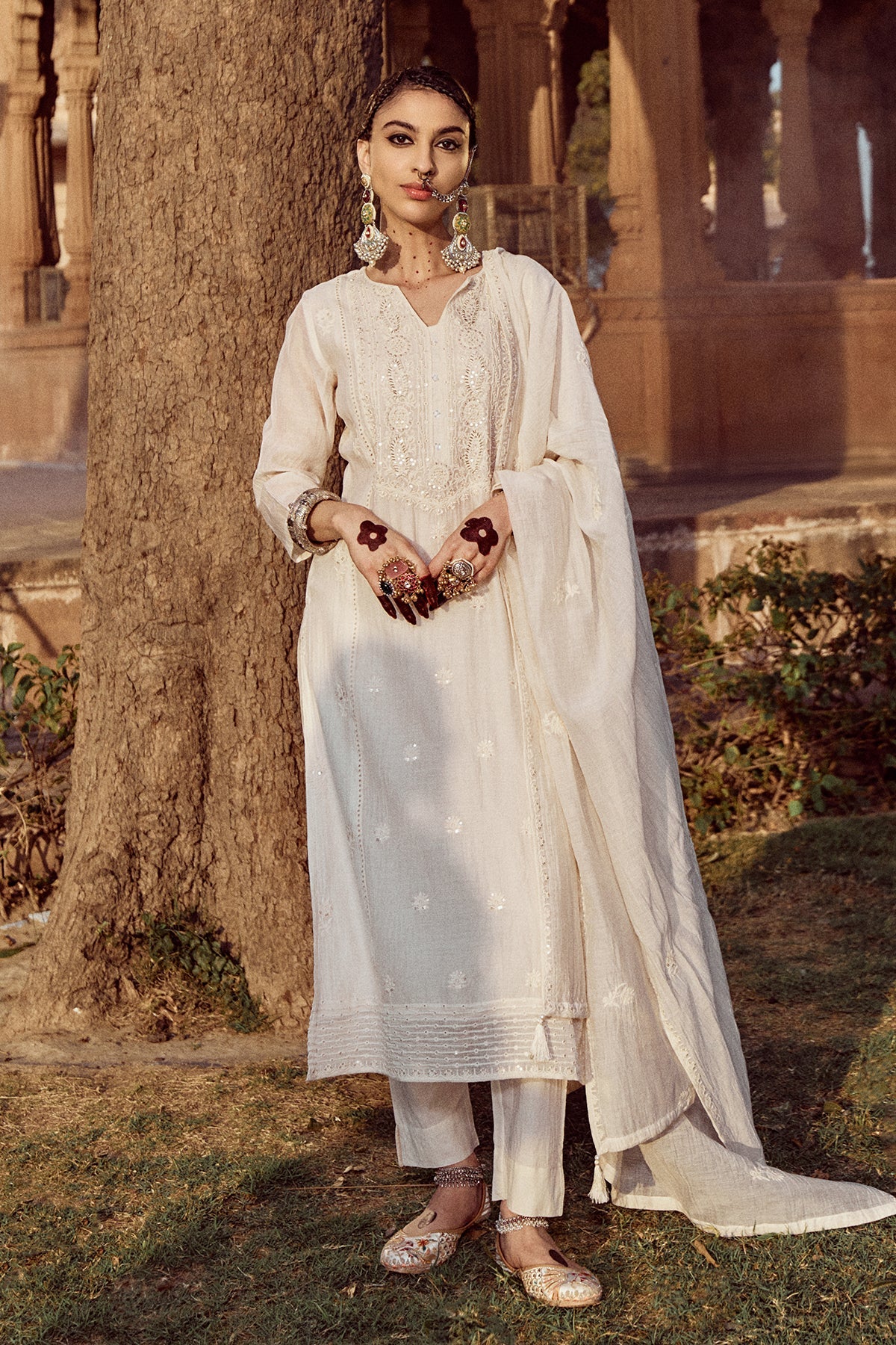 Cream Straight Kurta 3 Pcs Set
