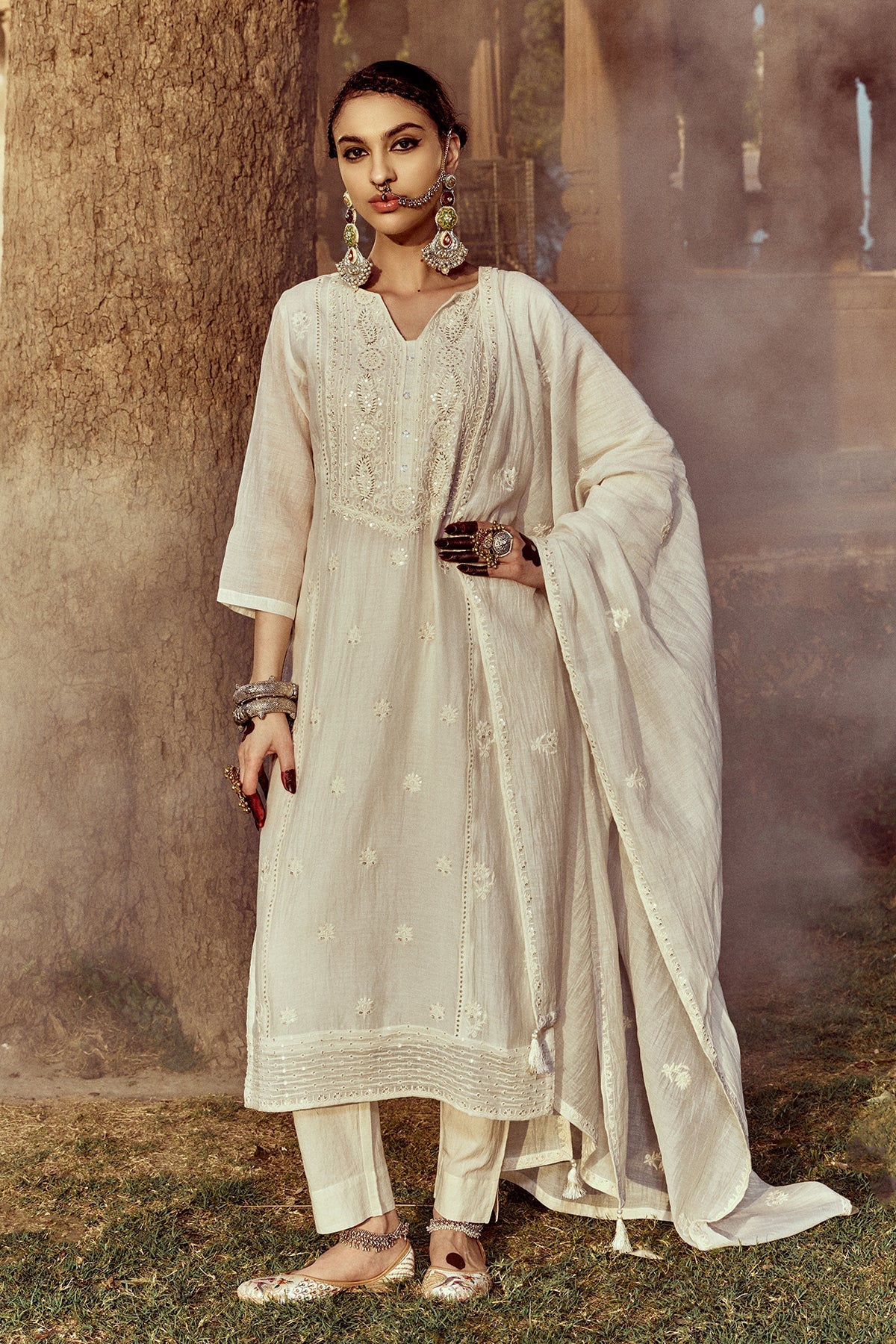 Cream Straight Kurta 3 Pcs Set