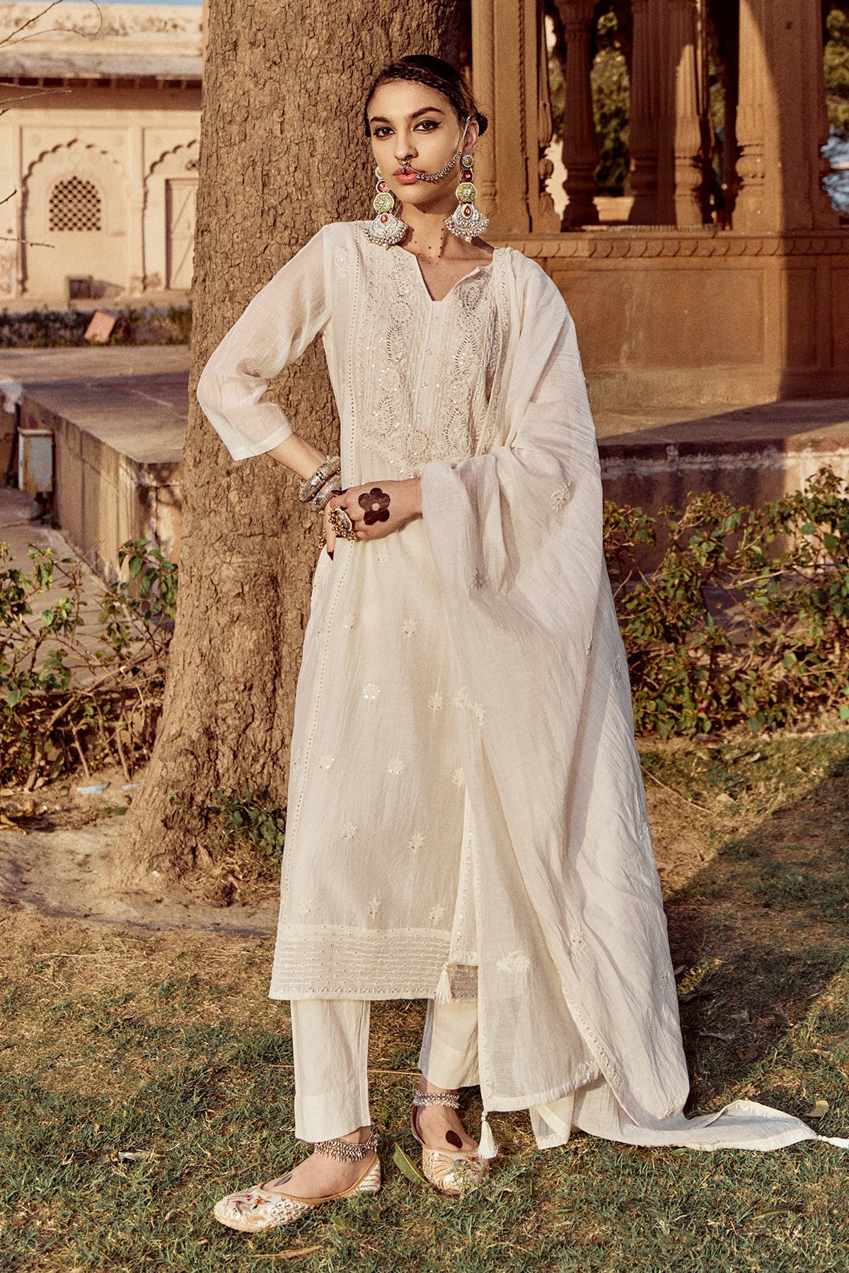 Cream Straight Kurta 3 Pcs Set