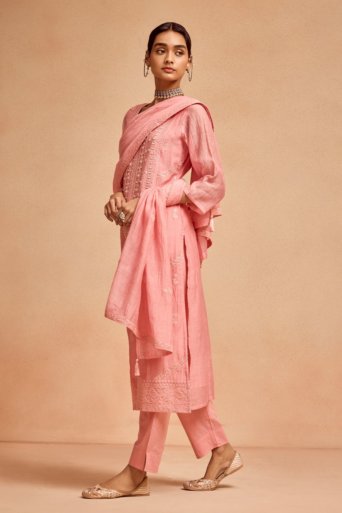 Pink Straight Kurta 3 Pcs Set