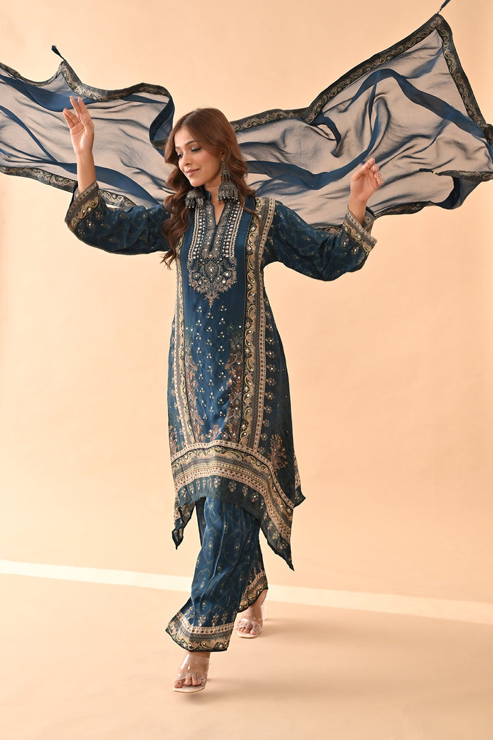 Teal Embellished Kurta Set