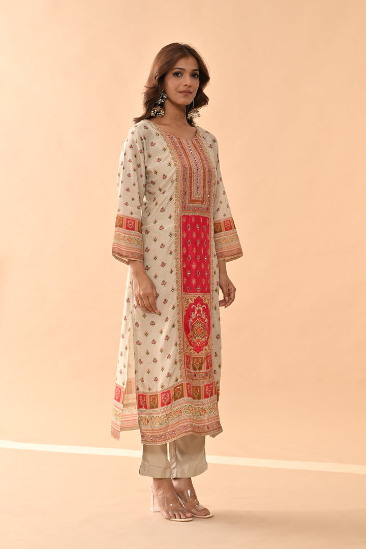 Beige Embellished Kurta Set