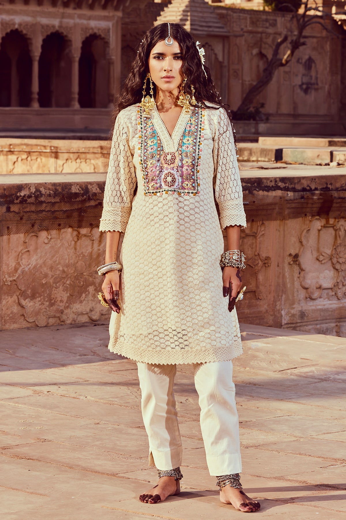 Cream Embroidered Kurta 3 Pcs Set