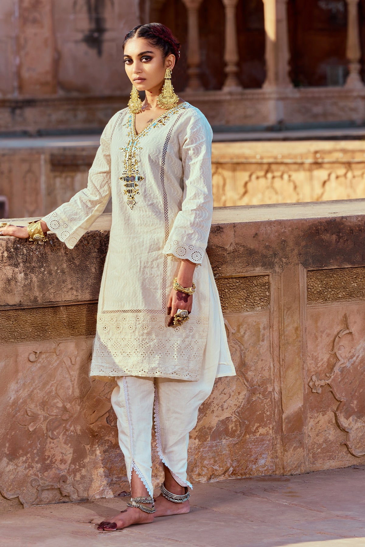 Cream Embroidered Kurta 3 Pcs Set