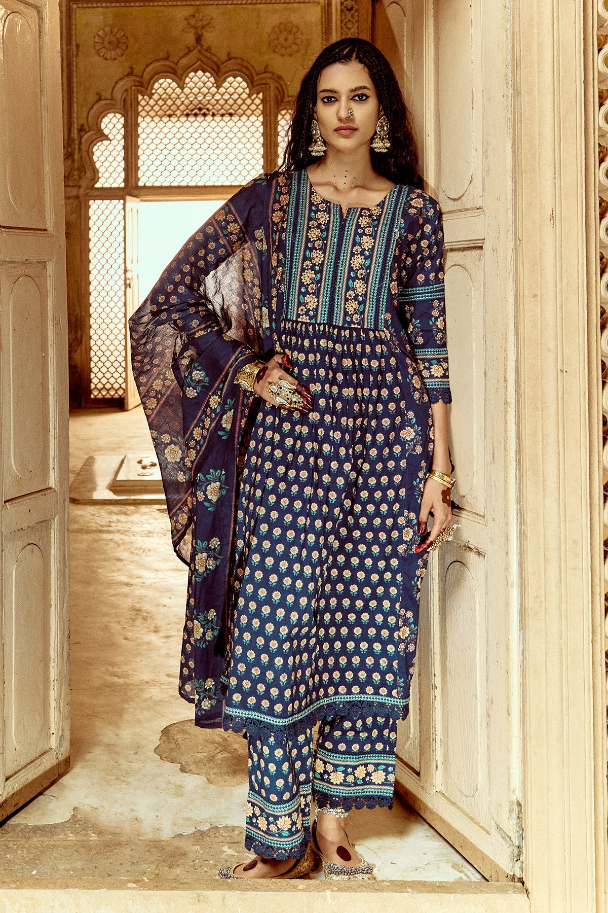 Blue Printed Kurta 3 Pcs Set
