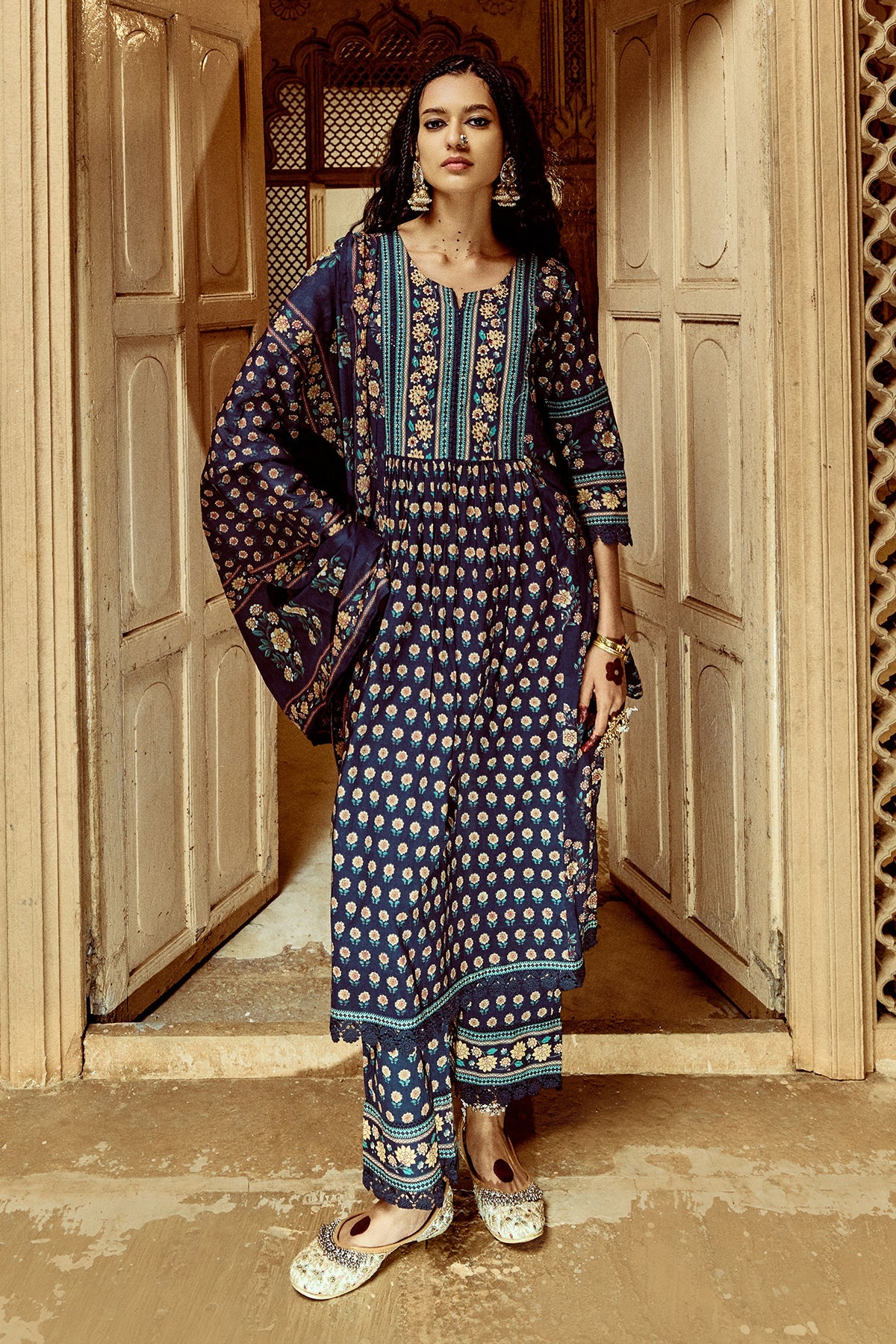Blue Printed Kurta 3 Pcs Set