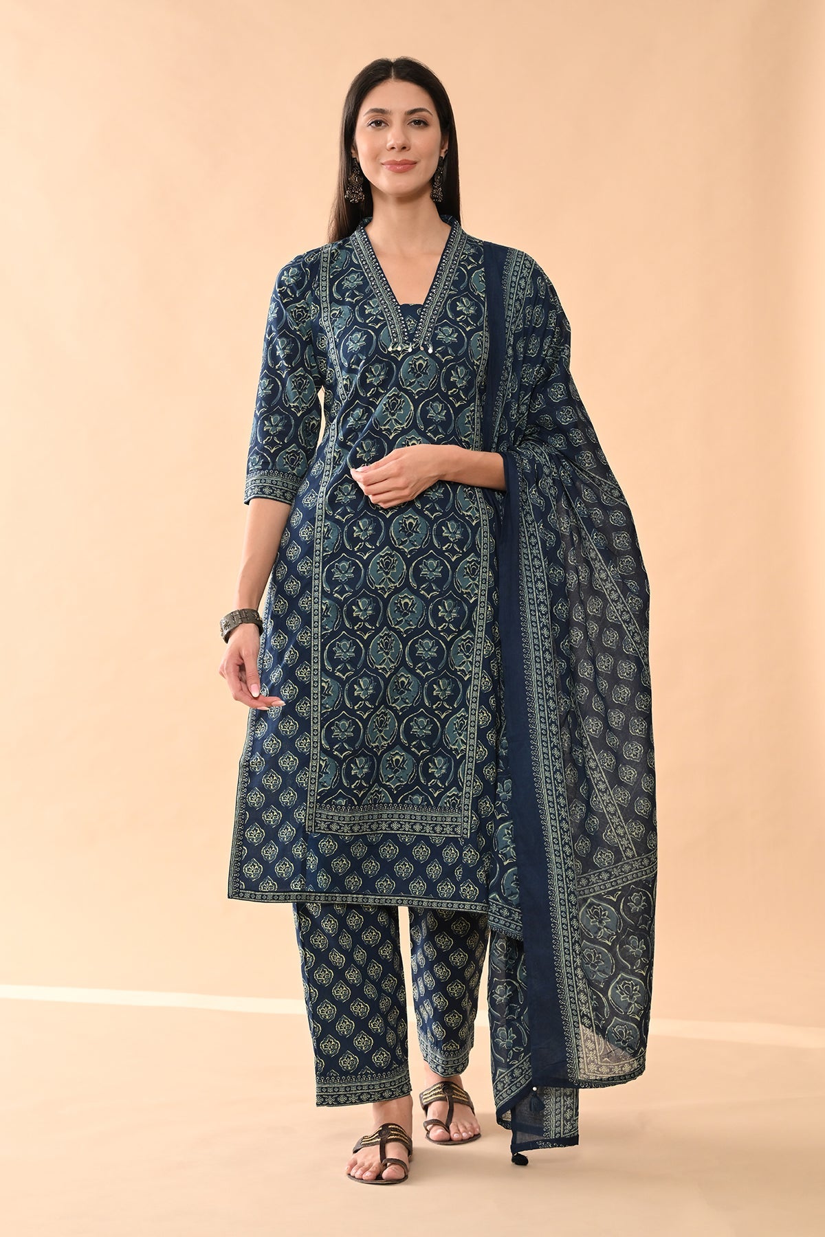 Blue Printed Kurta 3 Pcs Set
