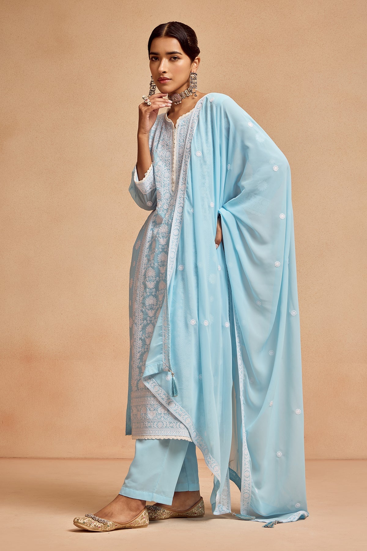 Blue Embroidered Kurta 3 Pcs Set