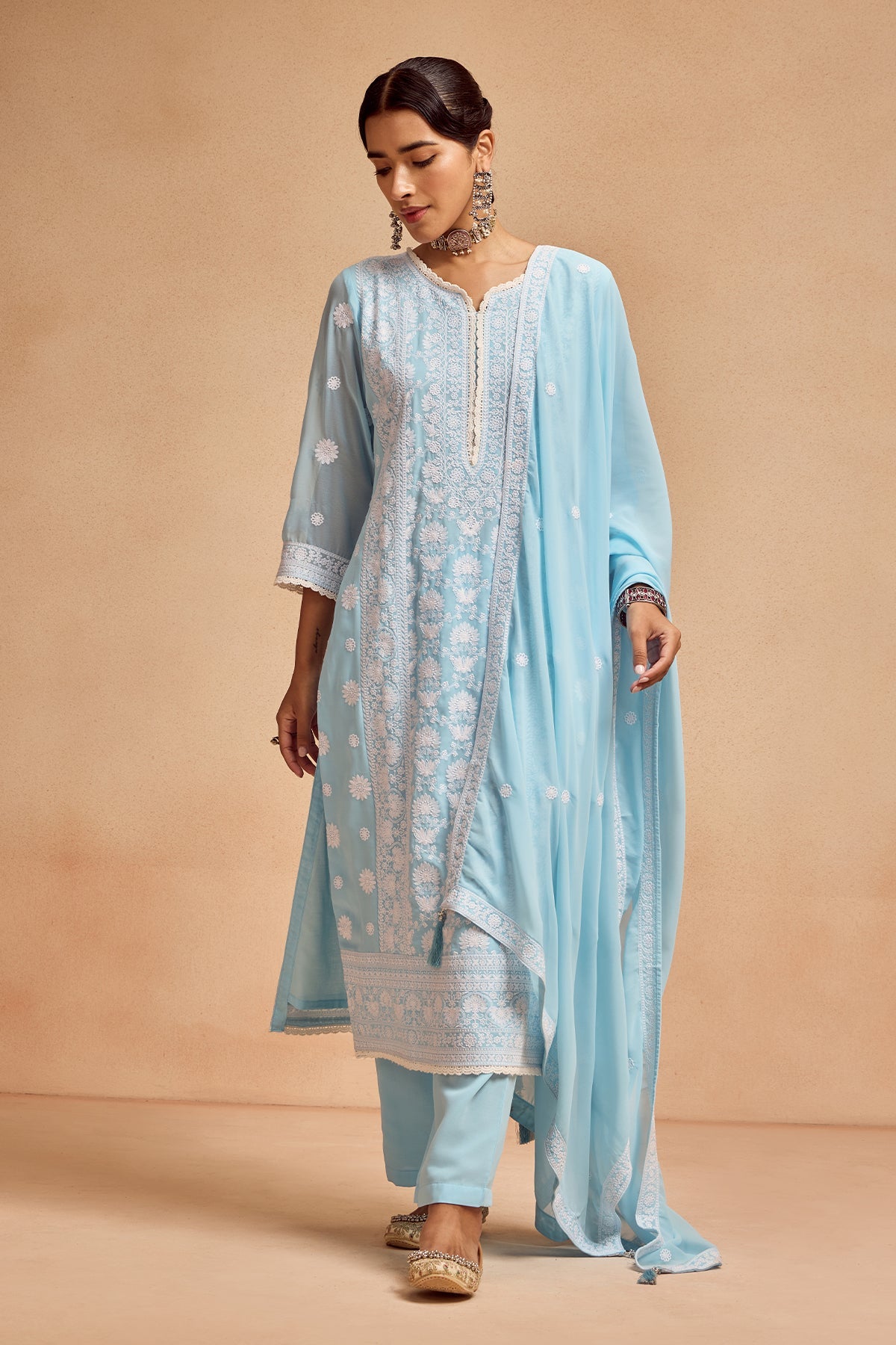 Blue Embroidered Kurta 3 Pcs Set