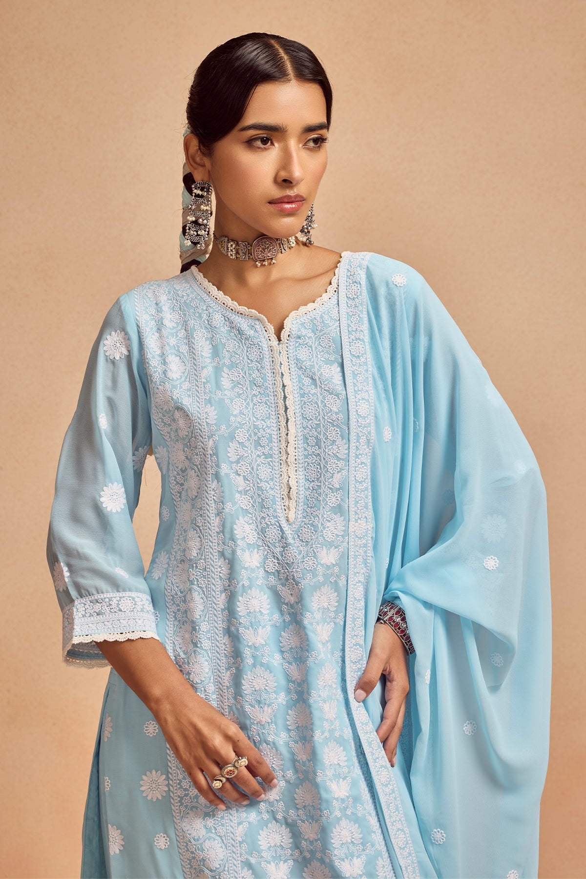 Blue Embroidered Kurta 3 Pcs Set