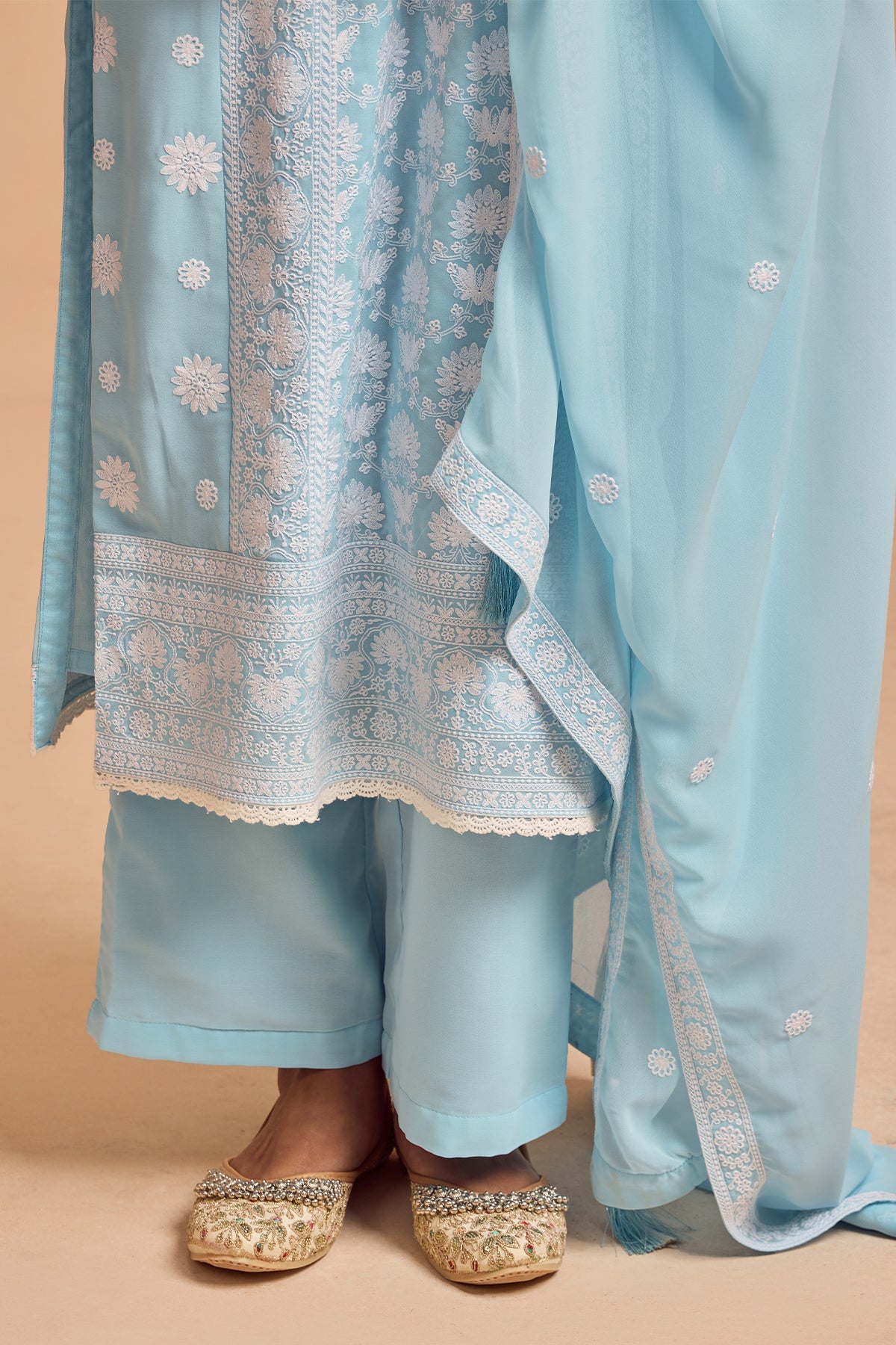Blue Embroidered Kurta 3 Pcs Set