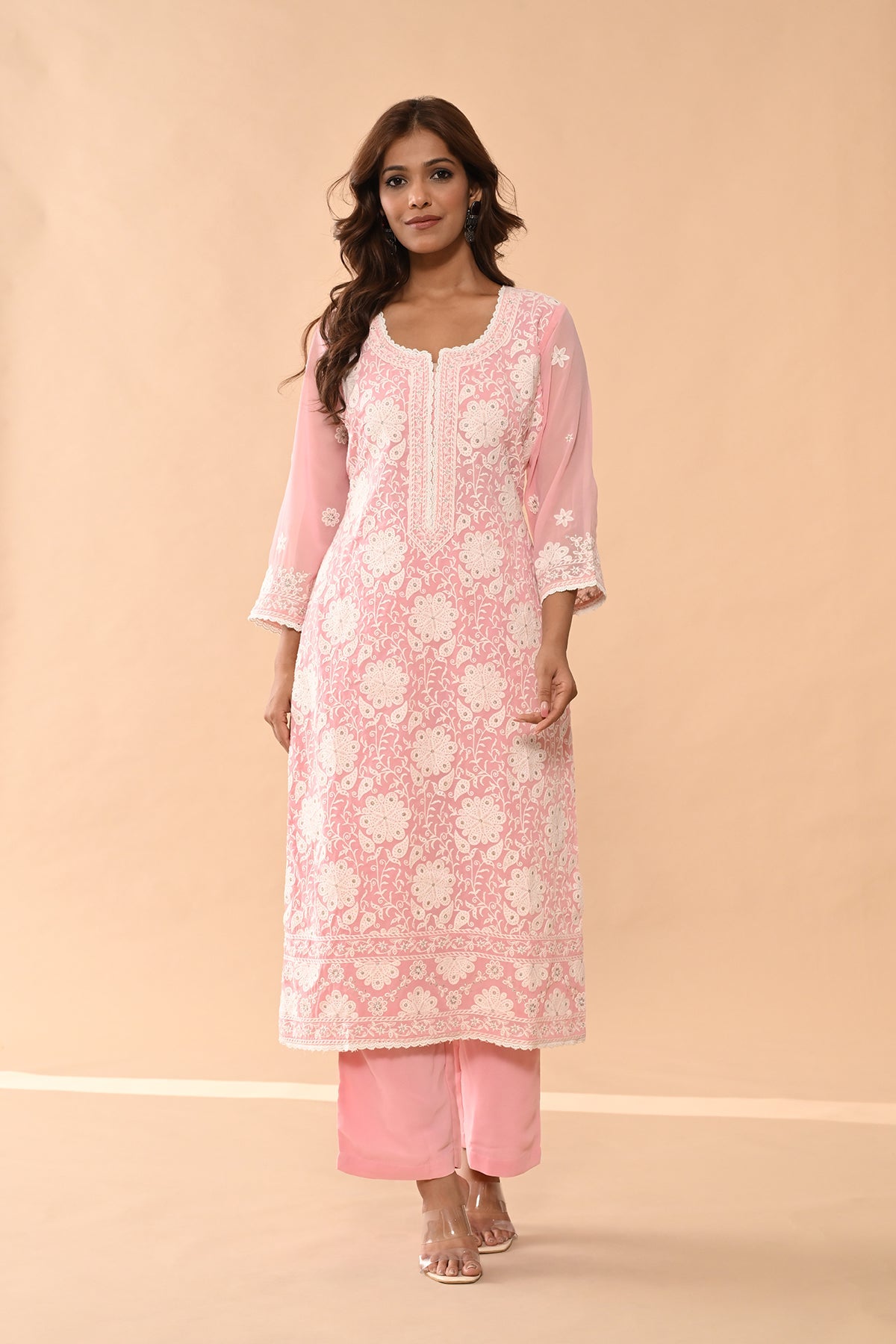 Pink Embroidered Kurta 3 Pcs Set