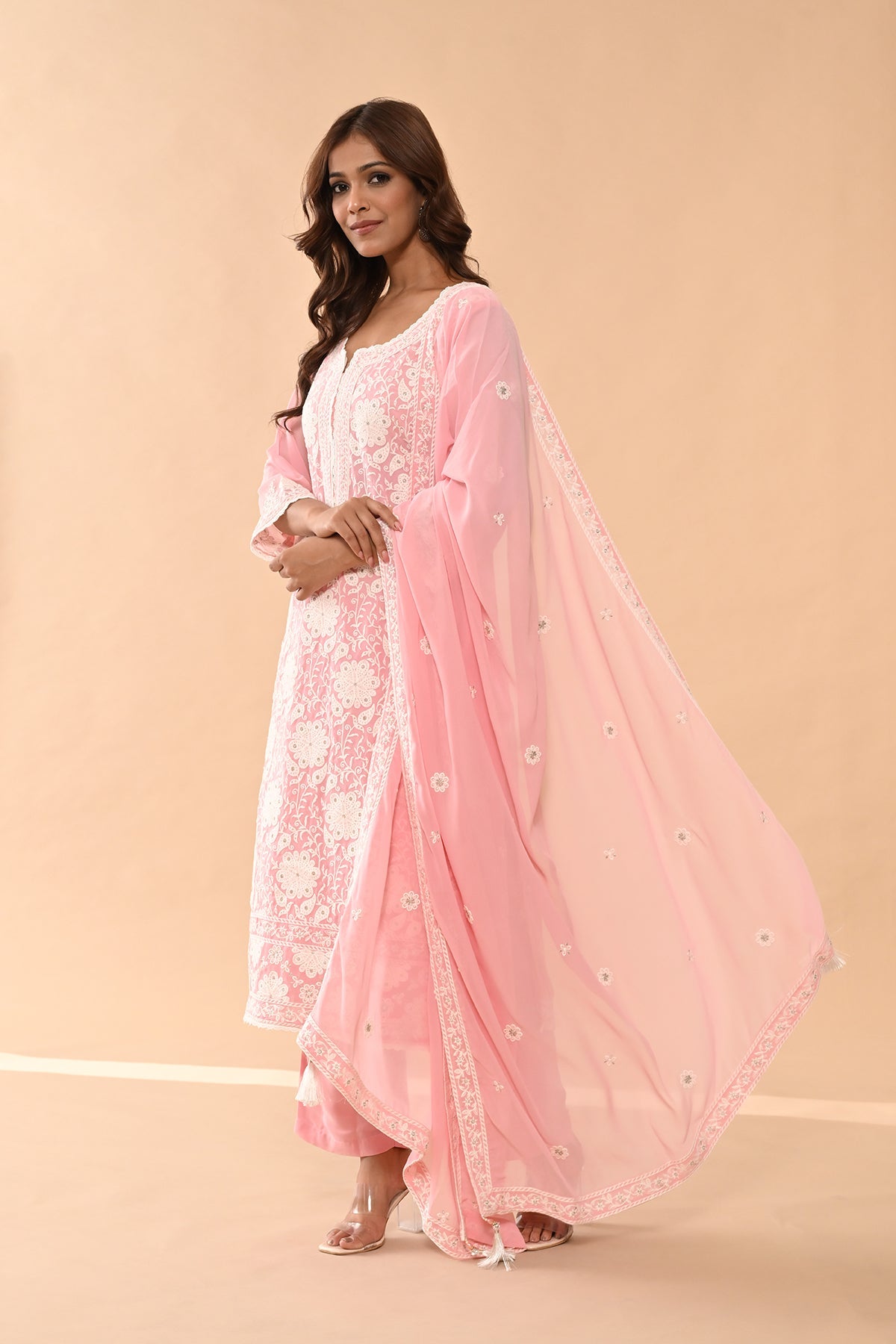 Pink Embroidered Kurta 3 Pcs Set