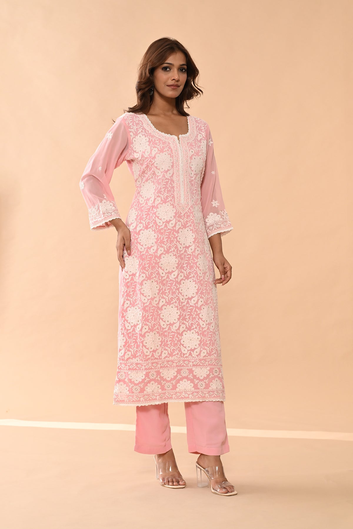 Pink Embroidered Kurta 3 Pcs Set