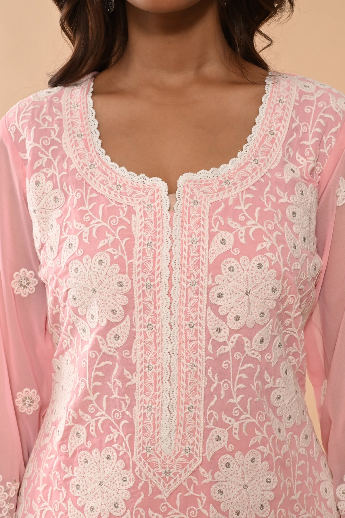 Pink Embroidered Kurta 3 Pcs Set