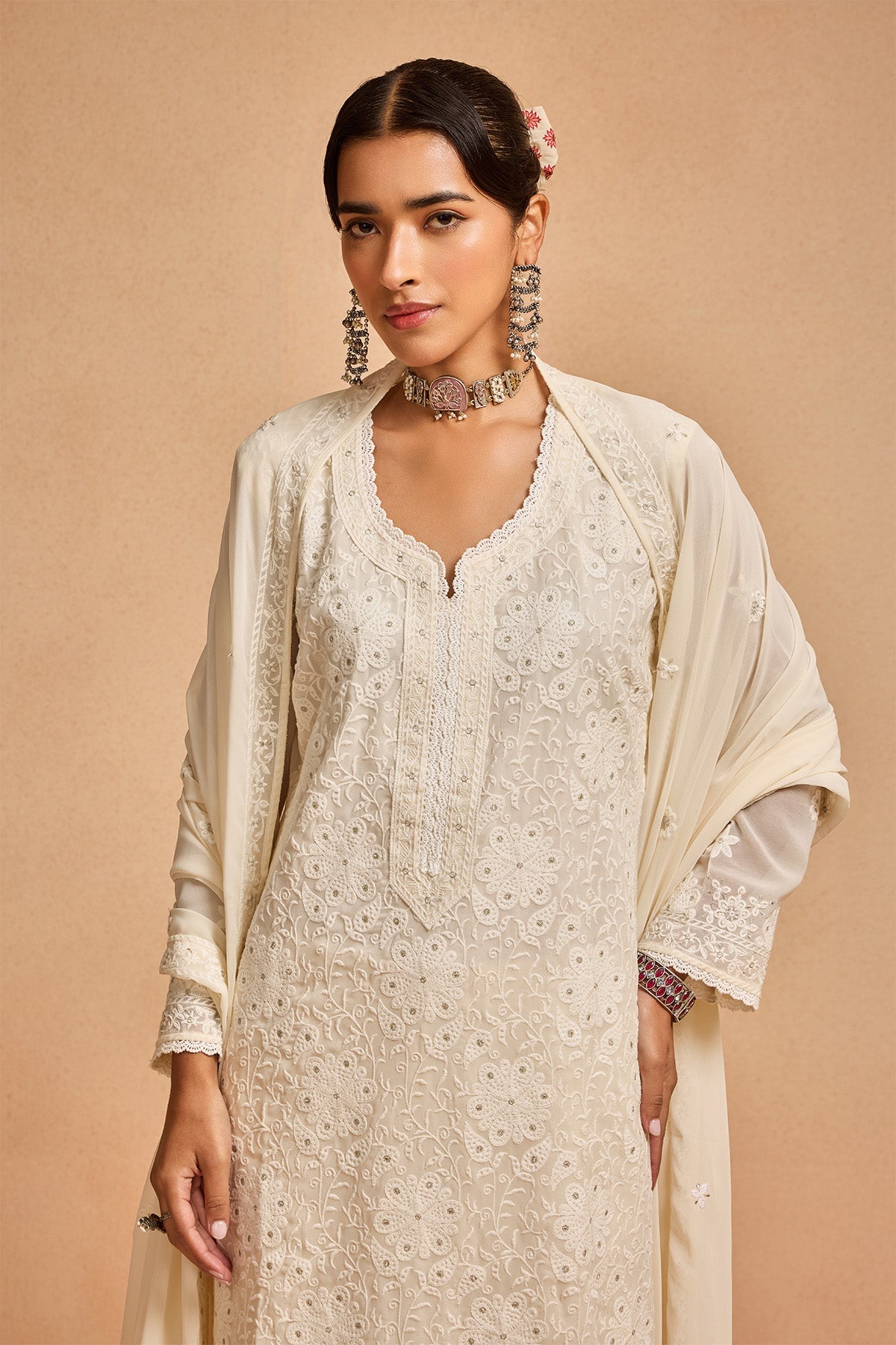 Cream Embroidered Kurta 3 Pcs Set