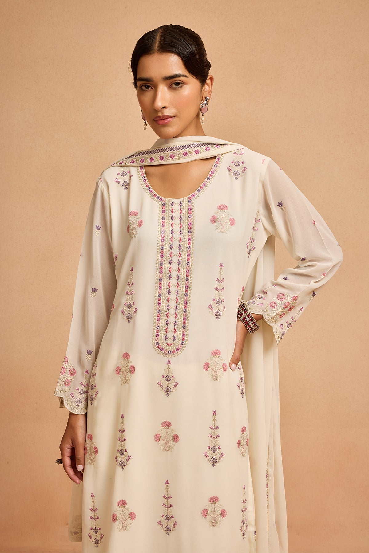 Cream Embroidered Kurta 3 Pcs Set