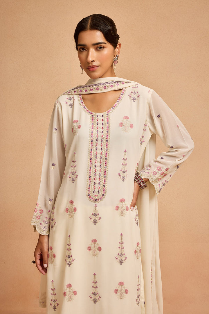 Cream Embroidered Kurta Set