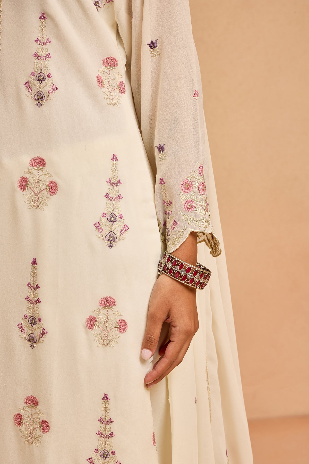 Cream Embroidered Kurta 3 Pcs Set