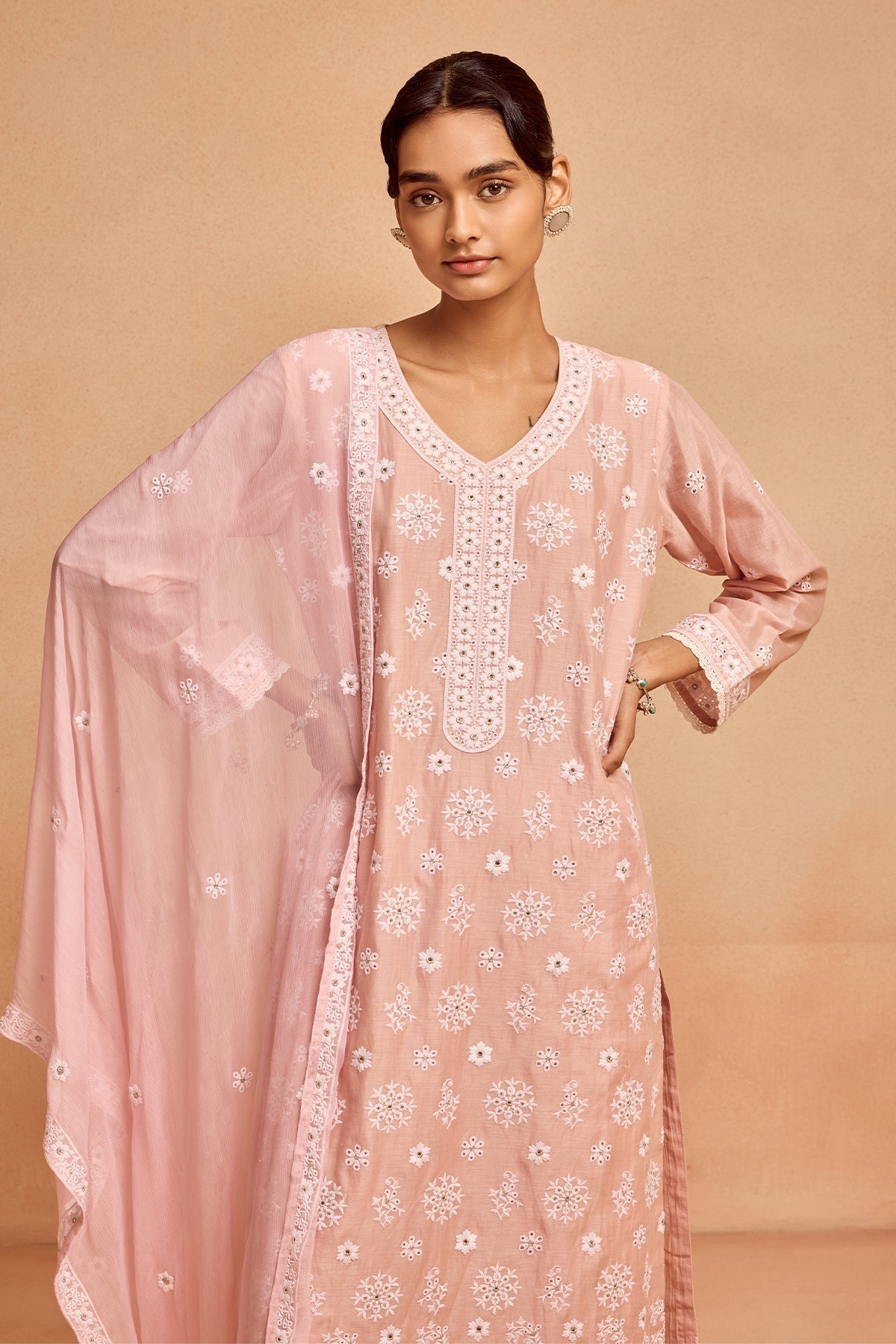 Peach Embroidered Kurta 3 Pcs Set