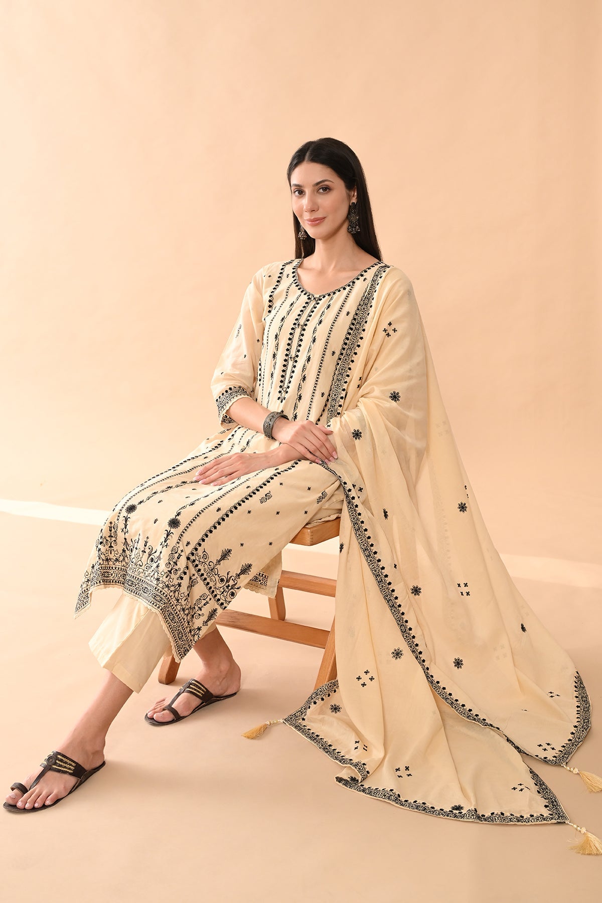 Beige Embroidered Kurta Set