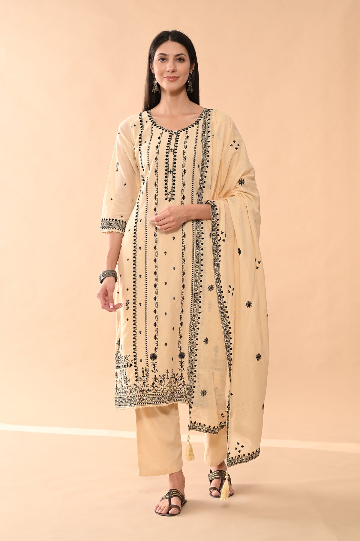 Beige Embroidered Kurta 3 Pcs Set